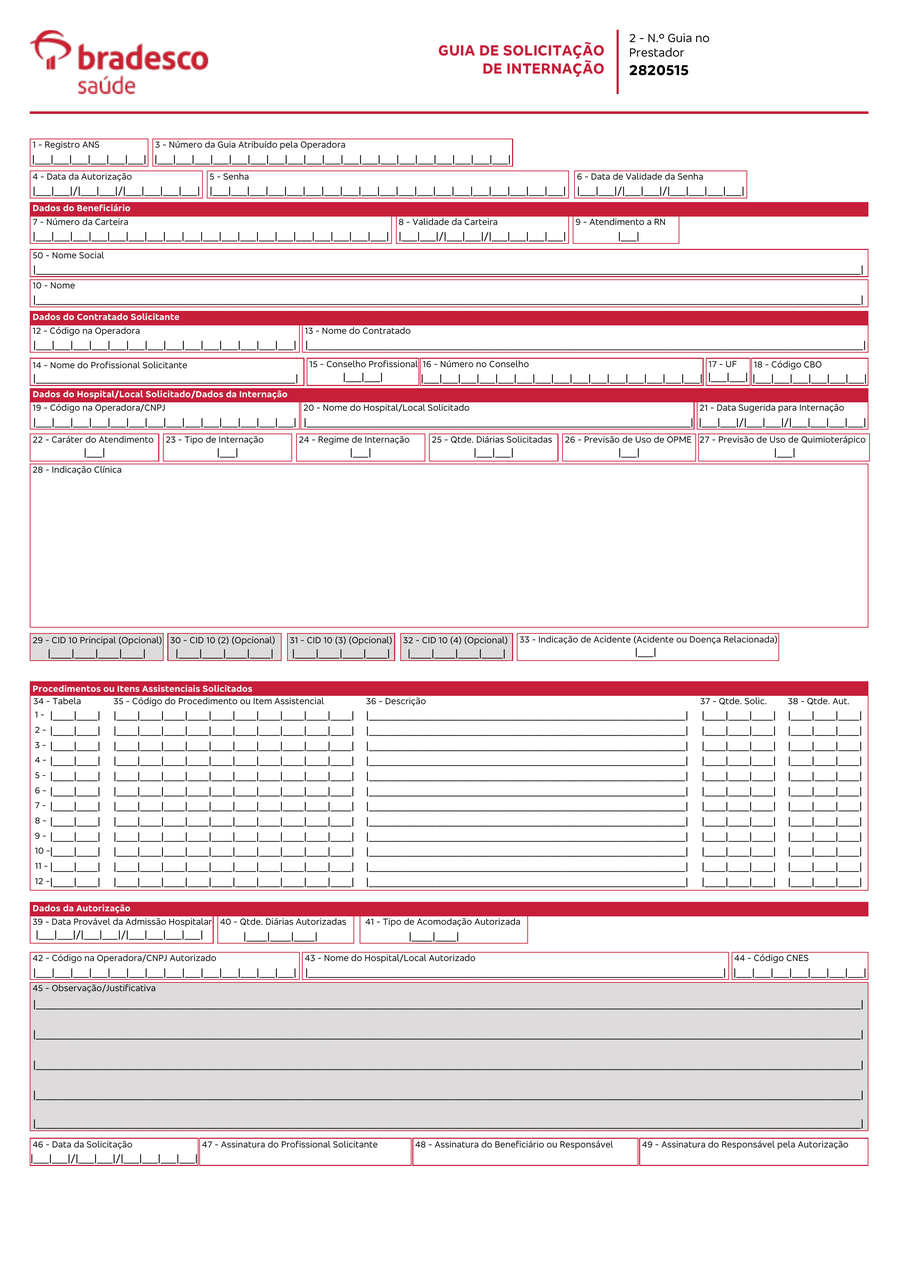 Guia de Solicitação de Internação — Bradesco Saúde, preenchida (sem dados de paciente)